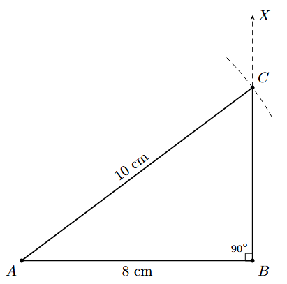 Step 3: An arc from A with radius 10 cm intersects the perpendicular at C.